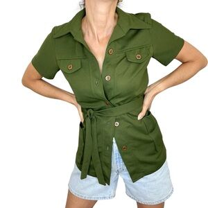 Vintage 70s NWT Eatons green belted double knit safari bush jacket blazer XS